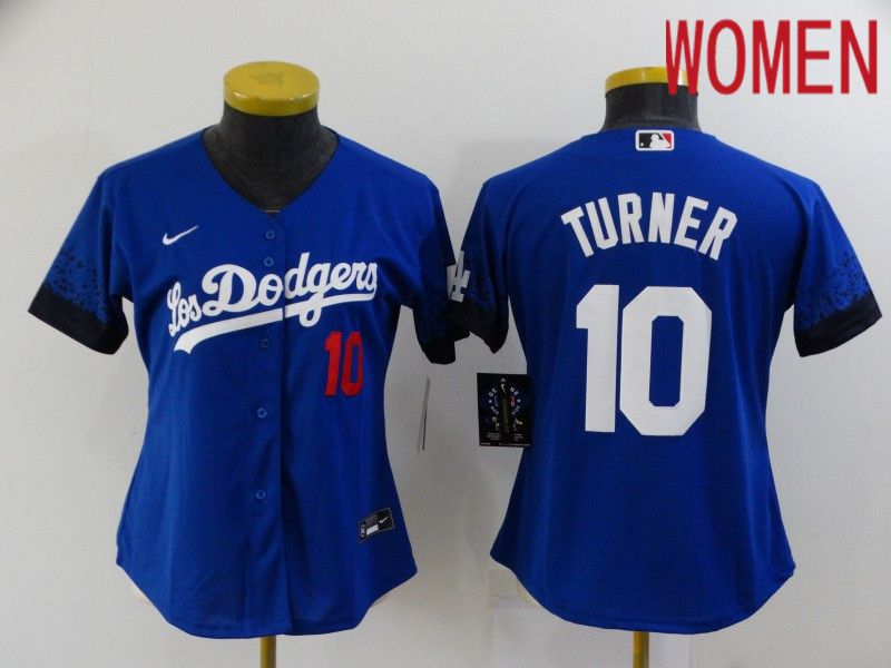 Women Los Angeles Dodgers #10 Turner Blue City Edition Nike 2021 MLB Jersey->women mlb jersey->Women Jersey